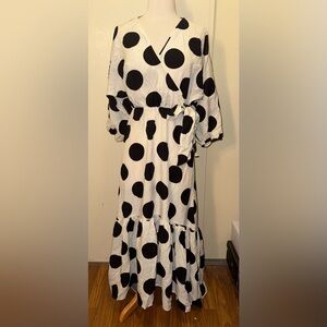 H&M black white Polka Dot maxi faux wrap Dress XS